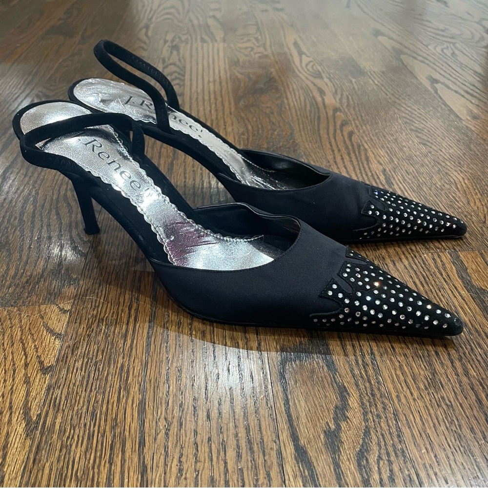 J. RENEE Angelina Black Satin Rhinestone Pointed Toe Slingback Kitten Heels Y2K
